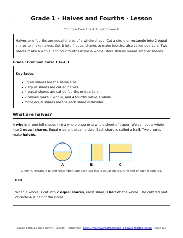 Page 1 of the Grade 1 Halves and Fourths lesson PDF