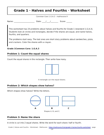 Page 1 of the Grade 1 Halves and Fourths worksheet PDF