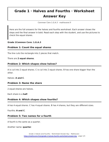 Page 1 of the Grade 1 Halves and Fourths worksheet answer key PDF