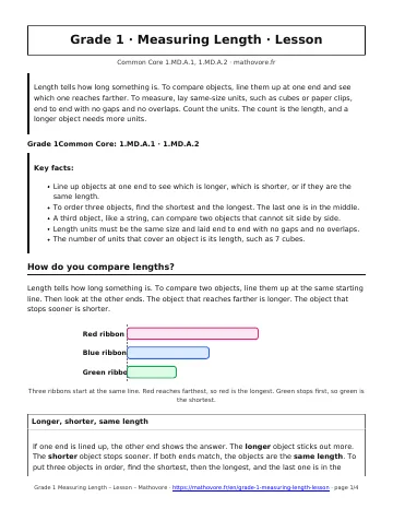 Page 1 of the Grade 1 Measuring Length lesson PDF