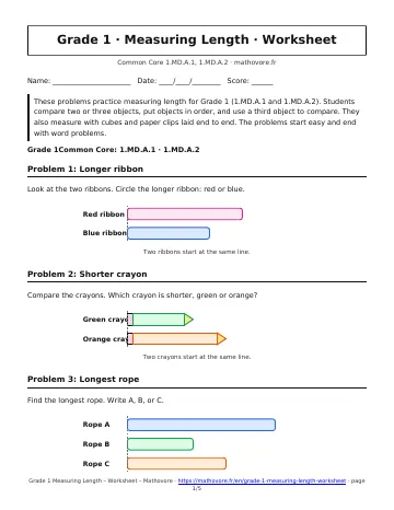 Page 1 of the Grade 1 Measuring Length worksheet PDF