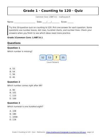 Page 1 of the Grade 1 Counting to 120 quiz PDF