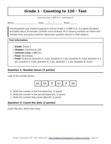 Page 1 of the Grade 1 Counting to 120 test PDF