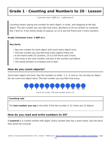 Page 1 of the Grade 1 Counting and Numbers to 20 lesson PDF