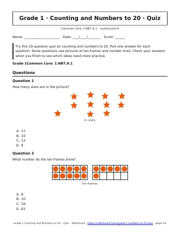 Page 1 of the Grade 1 Counting and Numbers to 20 quiz PDF