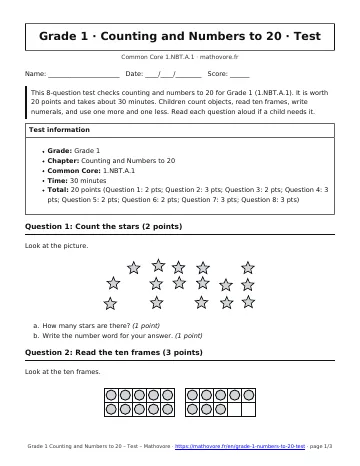 Page 1 of the Grade 1 Counting and Numbers to 20 test PDF
