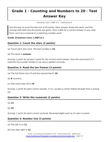 Page 1 of the Grade 1 Counting and Numbers to 20 test answer key PDF