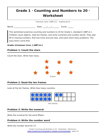 Page 1 of the Grade 1 Counting and Numbers to 20 worksheet PDF