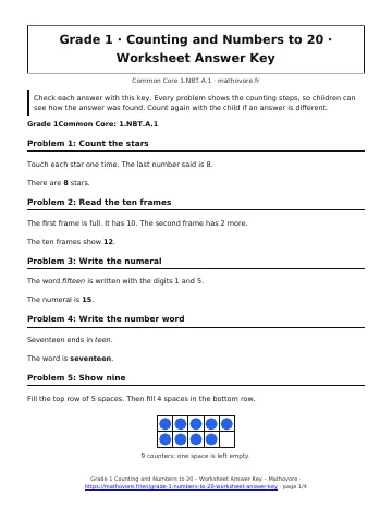 Page 1 of the Grade 1 Counting and Numbers to 20 worksheet answer key PDF