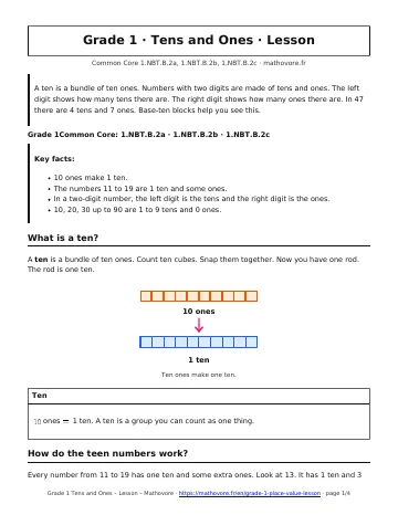 Page 1 of the Grade 1 Tens and Ones lesson PDF