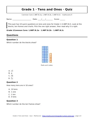 Page 1 of the Grade 1 Tens and Ones quiz PDF