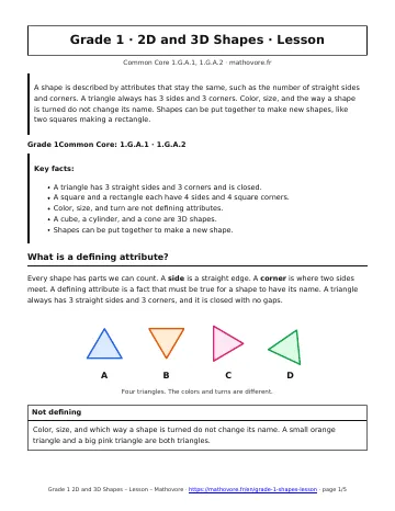 Page 1 of the Grade 1 2D and 3D Shapes lesson PDF