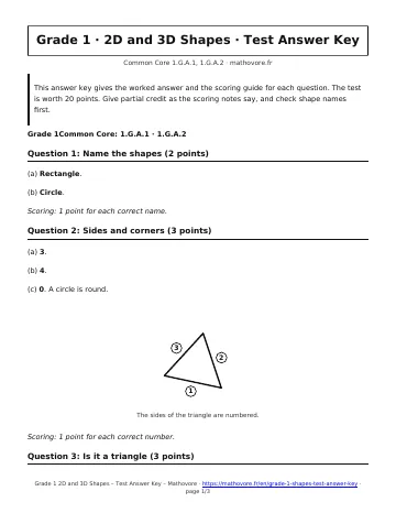 Page 1 of the Grade 1 2D and 3D Shapes test answer key PDF