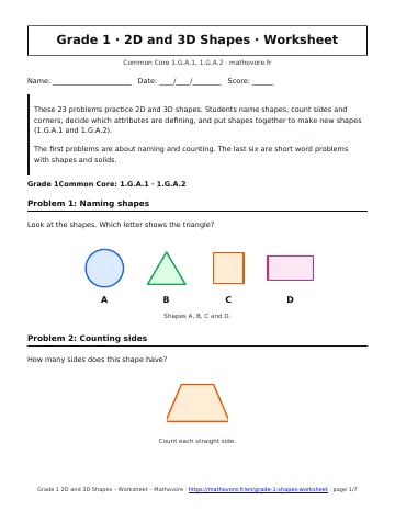Page 1 of the Grade 1 2D and 3D Shapes worksheet PDF