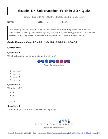 Page 1 of the Grade 1 Subtraction Within 20 quiz PDF