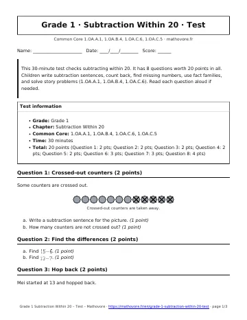 Page 1 of the Grade 1 Subtraction Within 20 test PDF
