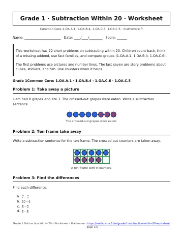 Page 1 of the Grade 1 Subtraction Within 20 worksheet PDF