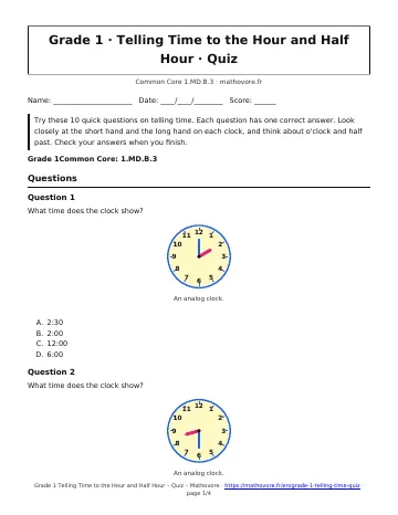 Page 1 of the Grade 1 Telling Time to the Hour and Half Hour quiz PDF