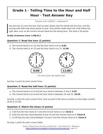 Page 1 of the Grade 1 Telling Time to the Hour and Half Hour test answer key PDF
