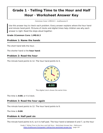 Page 1 of the Grade 1 Telling Time to the Hour and Half Hour worksheet answer key PDF