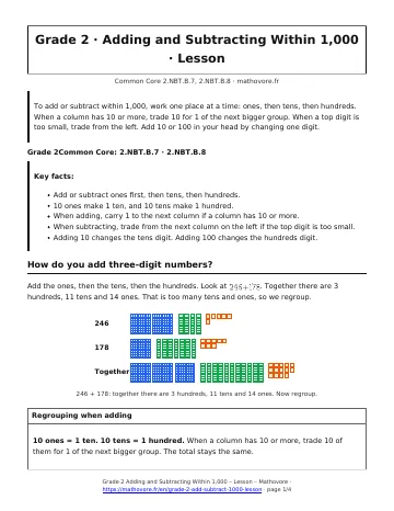 Page 1 of the Grade 2 Adding and Subtracting Within 1,000 lesson PDF