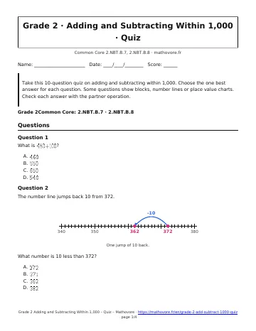 Page 1 of the Grade 2 Adding and Subtracting Within 1,000 quiz PDF
