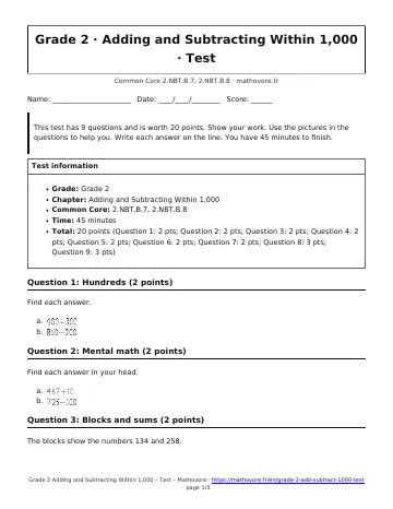 Page 1 of the Grade 2 Adding and Subtracting Within 1,000 test PDF