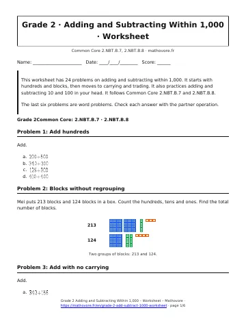 Page 1 of the Grade 2 Adding and Subtracting Within 1,000 worksheet PDF