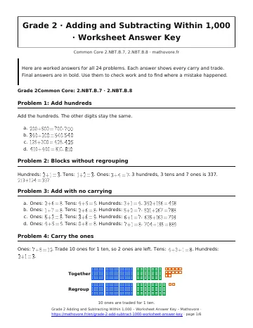 Page 1 of the Grade 2 Adding and Subtracting Within 1,000 worksheet answer key PDF