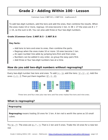 Page 1 of the Grade 2 Adding Within 100 lesson PDF