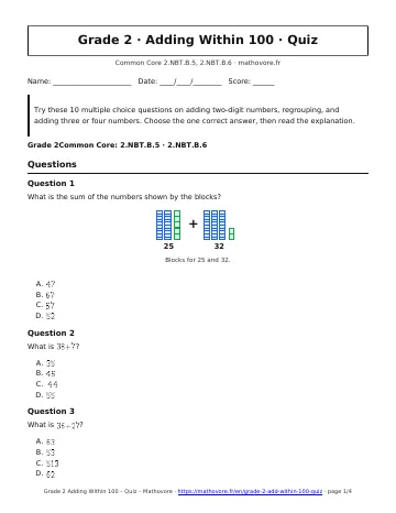 Page 1 of the Grade 2 Adding Within 100 quiz PDF