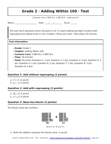 Page 1 of the Grade 2 Adding Within 100 test PDF