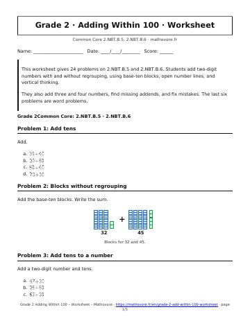 Page 1 of the Grade 2 Adding Within 100 worksheet PDF
