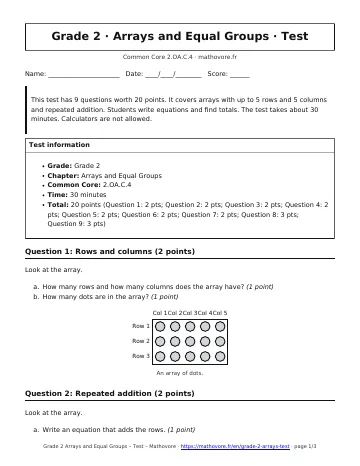 Page 1 of the Grade 2 Arrays and Equal Groups test PDF