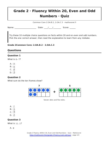Page 1 of the Grade 2 Fluency Within 20, Even and Odd Numbers quiz PDF