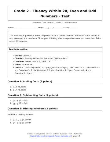 Page 1 of the Grade 2 Fluency Within 20, Even and Odd Numbers test PDF