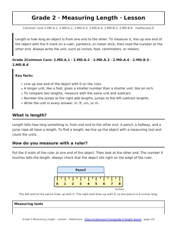 Page 1 of the Grade 2 Measuring Length lesson PDF