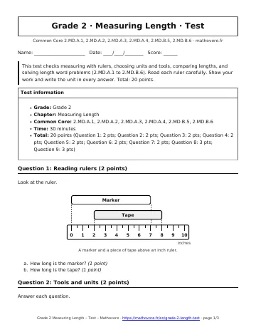 Page 1 of the Grade 2 Measuring Length test PDF