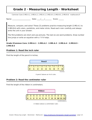 Page 1 of the Grade 2 Measuring Length worksheet PDF