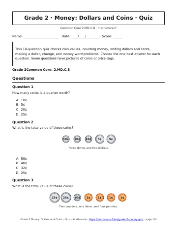 Page 1 of the Grade 2 Money: Dollars and Coins quiz PDF