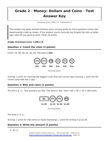 Page 1 of the Grade 2 Money: Dollars and Coins test answer key PDF