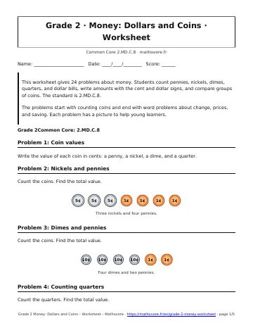 Page 1 of the Grade 2 Money: Dollars and Coins worksheet PDF