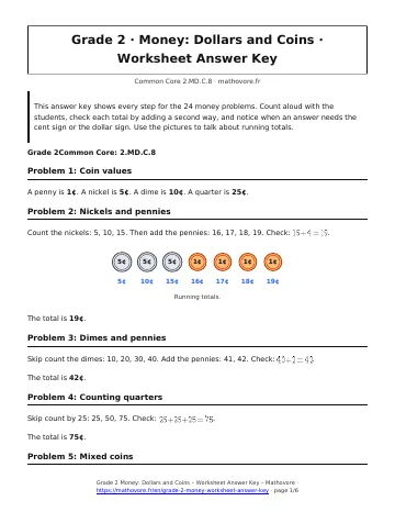 Page 1 of the Grade 2 Money: Dollars and Coins worksheet answer key PDF