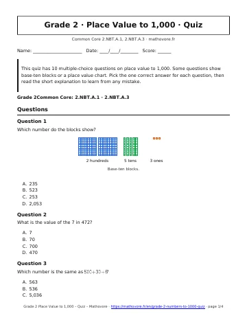 Page 1 of the Grade 2 Place Value to 1,000 quiz PDF