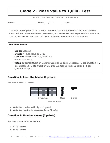 Page 1 of the Grade 2 Place Value to 1,000 test PDF