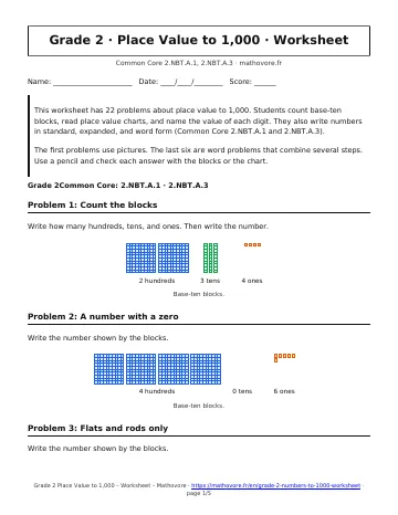 Page 1 of the Grade 2 Place Value to 1,000 worksheet PDF