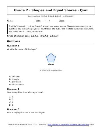 Page 1 of the Grade 2 Shapes and Equal Shares quiz PDF