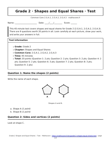 Page 1 of the Grade 2 Shapes and Equal Shares test PDF