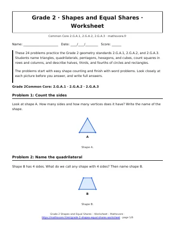 Page 1 of the Grade 2 Shapes and Equal Shares worksheet PDF