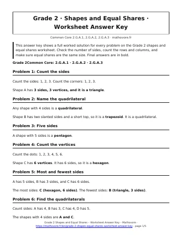 Page 1 of the Grade 2 Shapes and Equal Shares worksheet answer key PDF